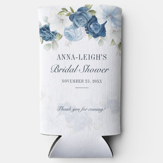 ダスティーブルーの花柄ユーカリ ブライダルシャワー スリム缶クーラー (正面)