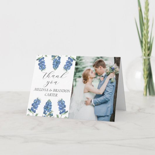 ダスティーブルーの花柄写真ウェディング感謝カード サンキューカード (正面)