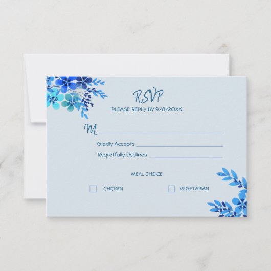 ダスティーブルーの花柄水彩ウェディング返信カード 出欠カード (正面)