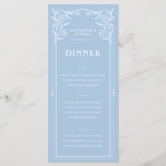 ダスティーブルーの花柄結婚式メニュー メニュー (正面)