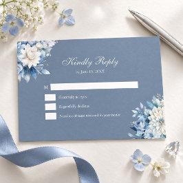 ダスティーブルーの花柄結婚式出欠確認カード サンキューカード