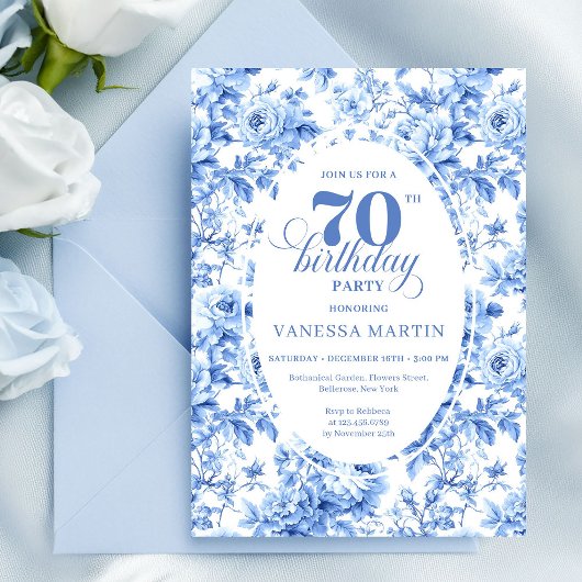 ダスティーブルーの花柄70歳の誕生日パーティー招待状 招待状