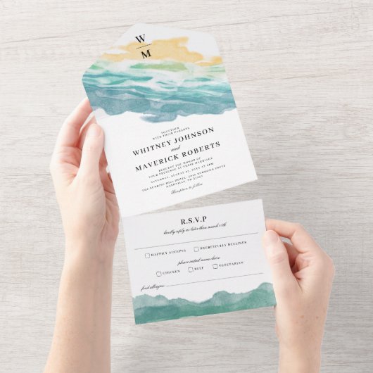 ダスティーブルーの花柄 ウェディングオールインワン招待状 全て オールインワン招待状 (貼ってはがせる)