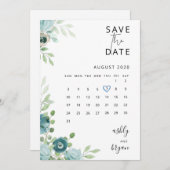 ダスティーブルーの花柄 ウェディング セーブ・ザ・デート カード (正面/裏面)