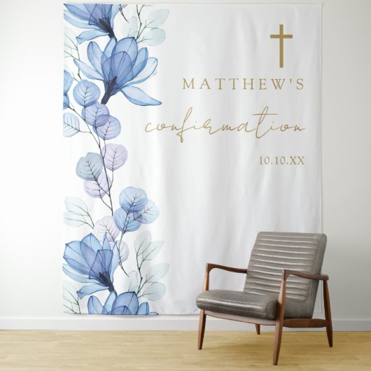 ダスティーブルーの花柄 コンファメーション フォトバックドロップ タペストリー (インサイチュ)