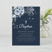ダスティーブルーの花柄 ネイビーブルーの洗礼招待状 招待状 (スタンド正面)
