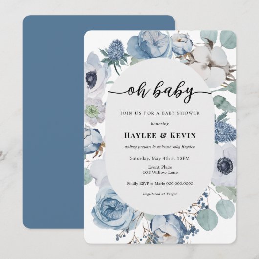 ダスティーブルーの花柄 = ベビーシャワーの招待状 招待状 (正面/裏面)