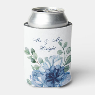 ダスティーブルーの花水彩モノグラム結婚式 缶クーラー