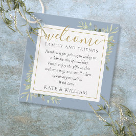 ダスティーブルーの葉のウェディングウェルカムギフトバッグバスケット フェイバータグ