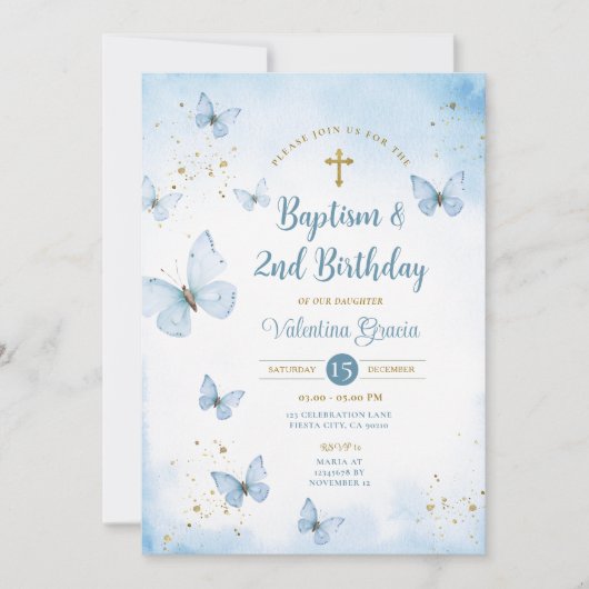 ダスティーブルーの蝶の女の子3歳の誕生日と洗礼 招待状 (正面)