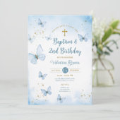 ダスティーブルーの蝶の女の子3歳の誕生日と洗礼 招待状 (スタンド正面)