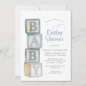 ダスティーブルーの赤ちゃんブロック ベイビーシャワー コテージ ギンガム 招待状 (正面)