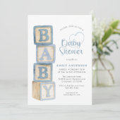 ダスティーブルーの赤ちゃんブロック ベイビーシャワー コテージ ギンガム 招待状 (スタンド正面)