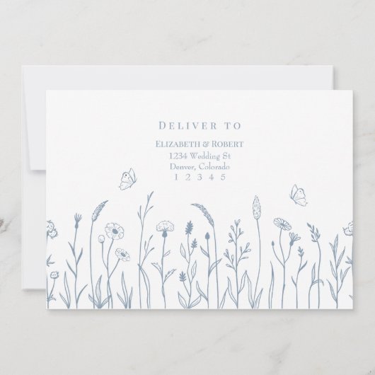 ダスティーブルーの野の花と蝶の出欠確認カード 招待状 (裏面)