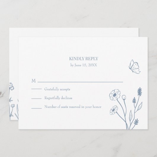 ダスティーブルーの野の花と蝶の出欠確認カード 招待状 (正面/裏面)