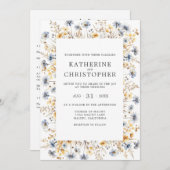 ダスティーブルーの野生の花のオールインワンウェディング 招待状 (正面/裏面)