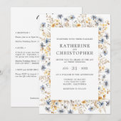 ダスティーブルーの野生の花をフィーチャーしたオールインワンのウェディング招待状 招待状 (正面/裏面)