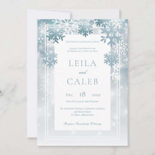 ダスティーブルーの雪の結晶 現代のウェディング 招待状 (正面)