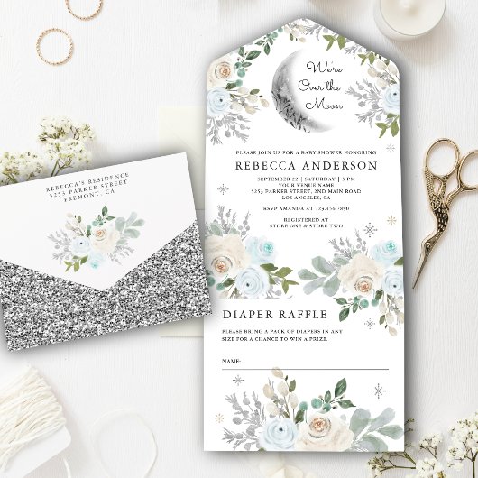 ダスティーブルーアイボリー フラワーボホームーン ベイビーシャワー オールインワン招待状