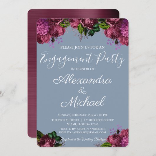 ダスティーブルーアンドクランベリーブルゴーニュ婚約パーティ 招待状 (正面/裏面)