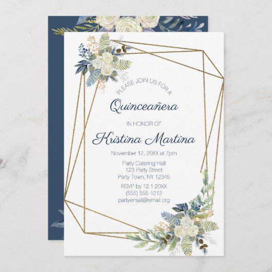 ダスティーブルーアンドクリームフローラキンセニェラ誕生日 招待状