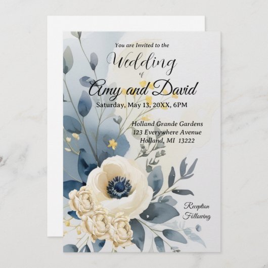 ダスティーブルーアンドクリーム結婚式招待状 招待状 (正面/裏面)