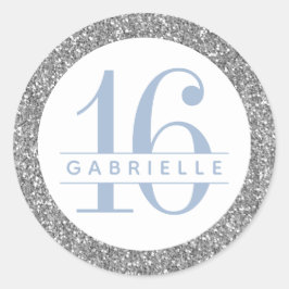 ダスティーブルーアンドシルバーグリッター誕生日の好意 ラウンドシール