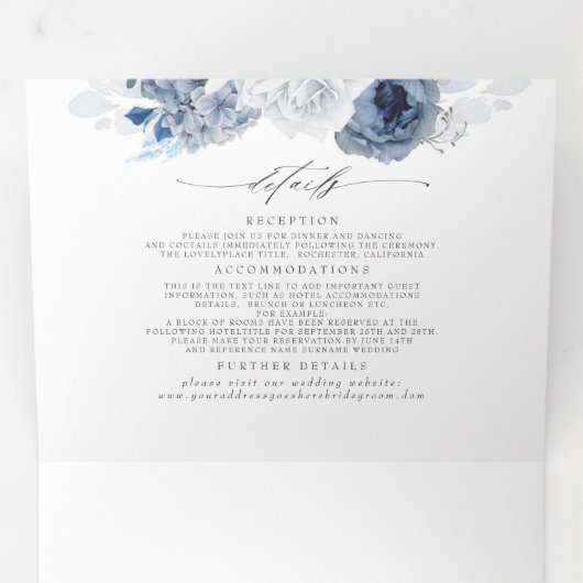 ダスティーブルーアンドネイビーフローラボタニッ結婚クス 三つ折り招待状 (内部最初)