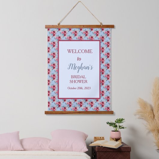 ダスティーブルーアンドバーガンディブライダルシャワーへようこそ 吊り下げ型タペストリー (寝室)