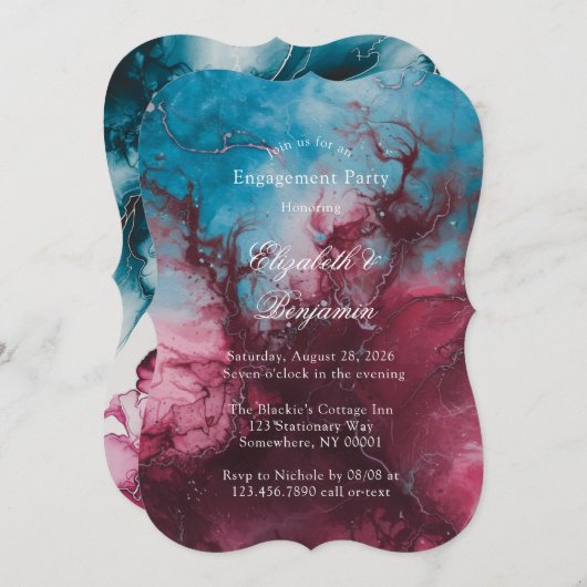 ダスティーブルーアンドブルゴーニュアルコール婚約パーティ 招待状 (正面/裏面)