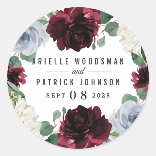 ダスティーブルーアンドブルゴーニュクランベリー秋の結婚式 ラウンドシール (正面)