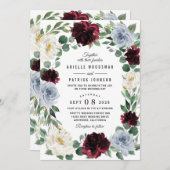 ダスティーブルーアンドブルゴーニュクランベリー秋の結婚式 招待状 (正面/裏面)