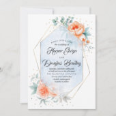 ダスティーブルーアンドリビングコーラルモダンフローラ結婚ズ 招待状 (正面)