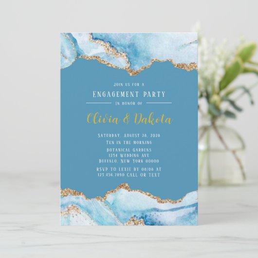 ダスティーブルーアンド金ゴールドアゲート婚約パーティ 招待状 (スタンド正面)