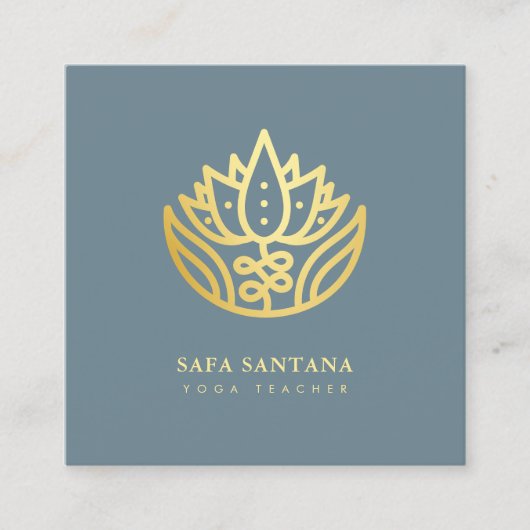 ダスティーブルーアンド金ゴールドロータスフラワーヨガ先生 スクエア名刺 (正面)