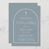 ダスティーブルーアーチ ミニマルな洗礼 & 1歳誕生日 招待状 (正面/裏面)