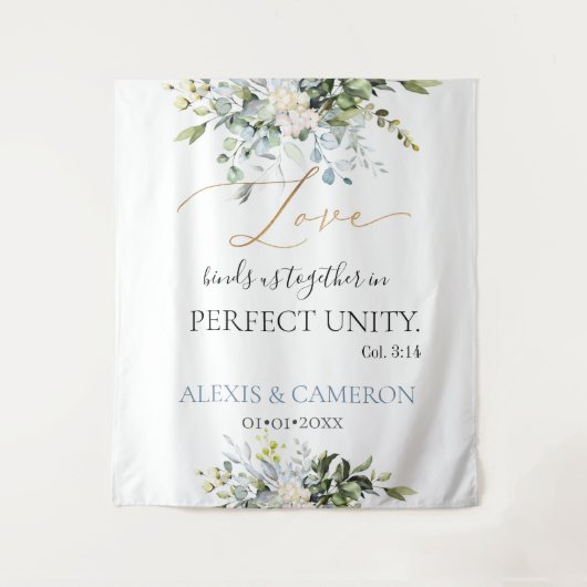 ダスティーブルーウォーターカラーイウカリプト、 Col. 3:14 タペストリー (正面)