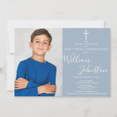 ダスティーブルーエレガントな初めての聖体拝領写真 セーブザデート (正面)