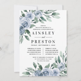 ダスティーブルーエレガントフラワールーセットのディナー 招待状