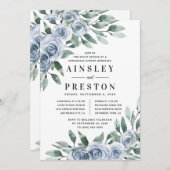 ダスティーブルーエレガントフラワールーセットのディナー 招待状 (正面/裏面)