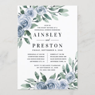 ダスティーブルーエレガントフラワールーセットのディナー 招待状
