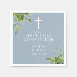ダスティーブルーグリーンフローラルファーストホーリーコミュニオン スタンダードカクテルナプキン