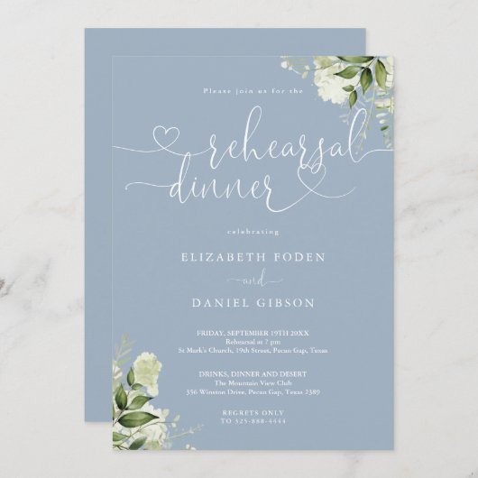 ダスティーブルーグリーンリーフハートスクリプトリハーサルディナー 招待状 (正面/裏面)