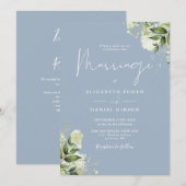 ダスティーブルーグリーン フローラルQRコード ウェディング 招待状 (正面/裏面)