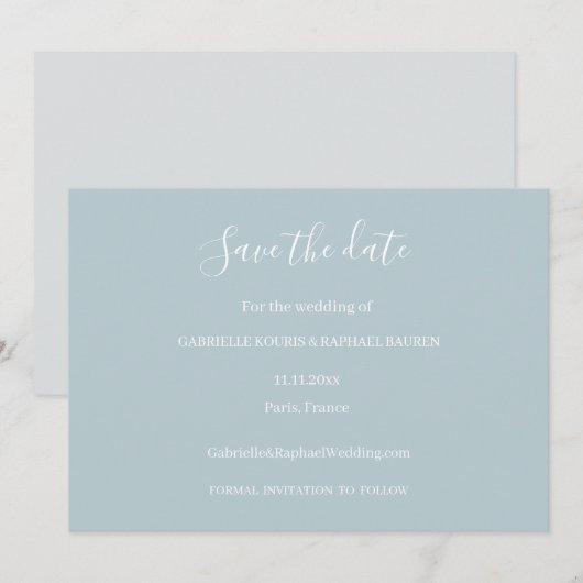 ダスティーブルーグレーとホワイトの結婚式「Save The Date」 招待状 (正面/裏面)