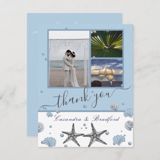 ダスティーブルーグレーのヒトデの殻3枚の写真コラージュ サンキューカード (正面/裏面)