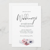 ダスティーブルーコーラルフラワーウェディング招待状お手頃 (正面/裏面)
