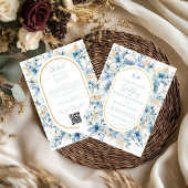 ダスティーブルーゴールドの花が咲き誇るオールインワンの結婚式 招待状