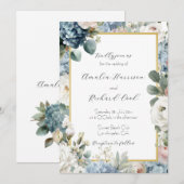 ダスティーブルーゴールドフラワカスタマイズ結婚式 招待状 (正面/裏面)