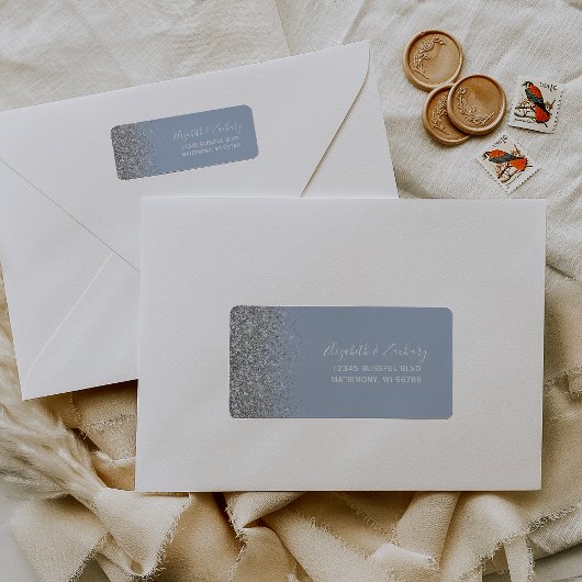 ダスティーブルーシルバーグリッター結婚式返信住所ラベル ラベル